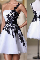 Hot Sales Vintage Black Lace White Organza Short One Shoulder Belt Custom Made Hd021 Semi Formal Dress